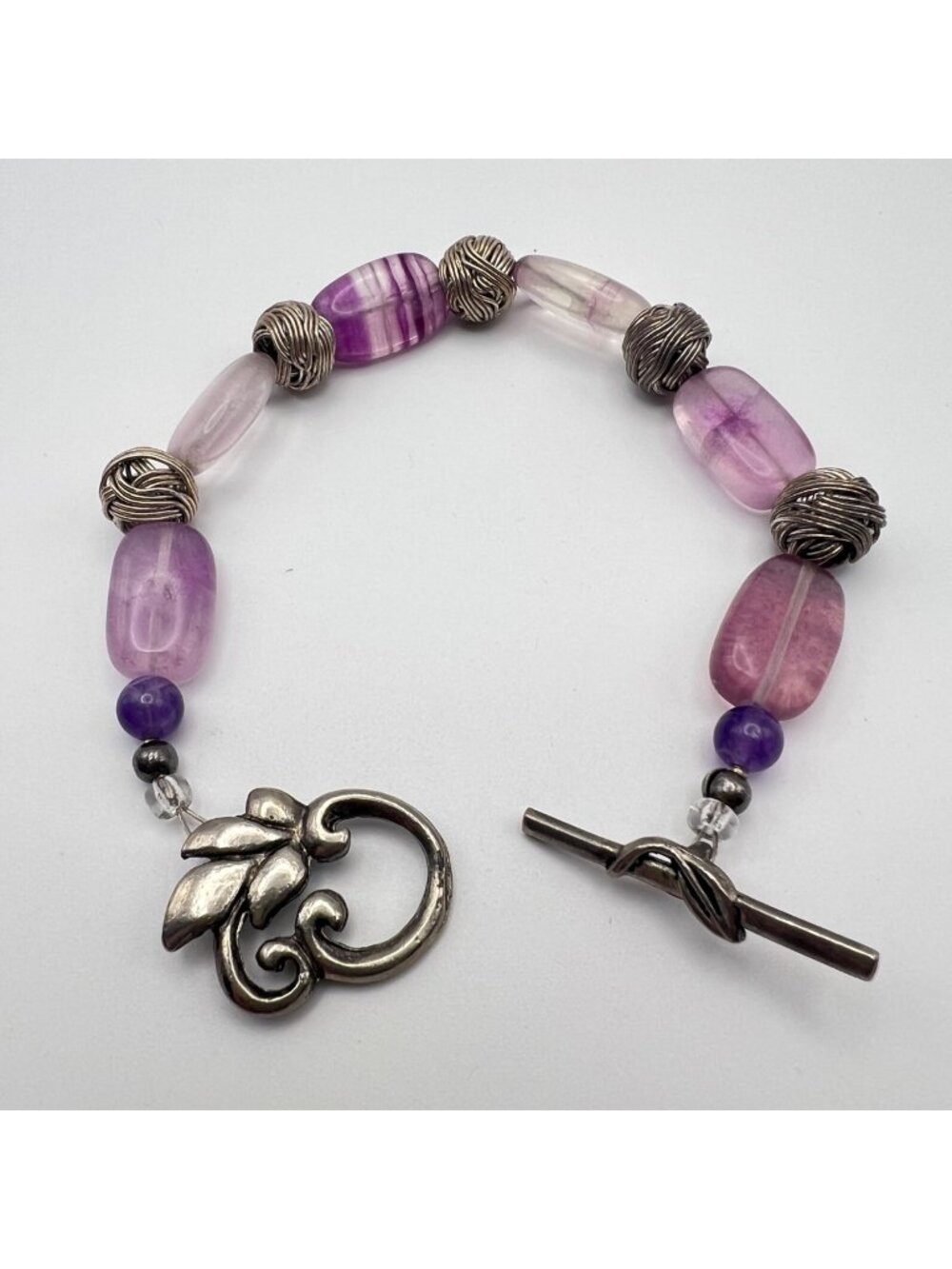 Amethyst Silver Tone Beaded Bracelet Floral Leaf Toggle Clasp 7 Inches 26g
